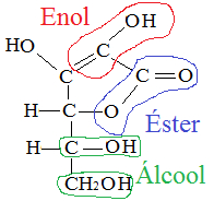 Grupos funcionais da vitamina C – enol, éster e álcool