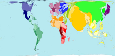 Mapa da população mundial. Observe que os países mais populosos ficaram maiores e os menos populosos, menores.¹