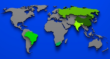 Localização dos países que compõem o BRICS