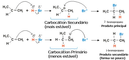 O carbocátion secundário é mais estável, por isso, a partir dele é formado o produto principal desta reação. 