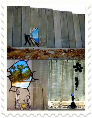 Os desenhos de Banksy no Muro foram realizados no lado palestino. As ilustrações satirizam a política do Estado de Israel