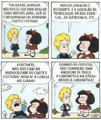 Diálogo entre Mafalda e Susanita sobre a evolução tecnológica