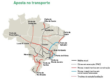 Mapa do investimento no transporte ferroviário no Brasil